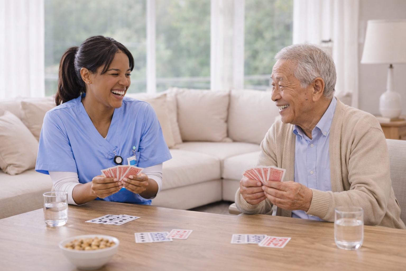 Caregiver engaging with senior client