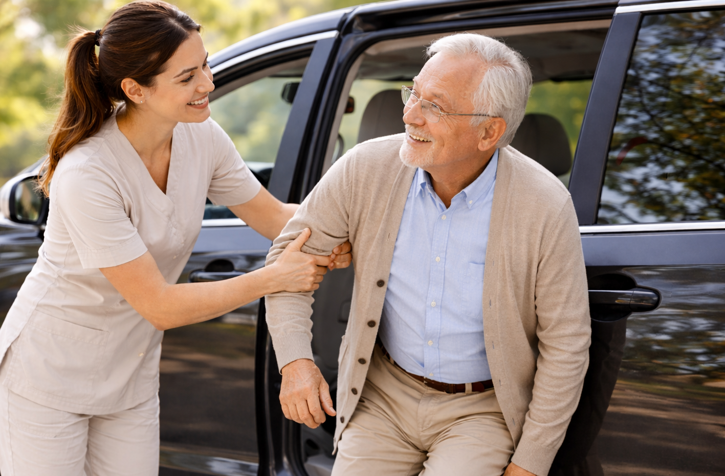 Caregiver helping senior with safe medical transportation
